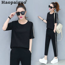 Load image into Gallery viewer, S-XXXL Plus Size Autumn 2 Piece Set Women Black Print Striped Sport Sweatshirt Pants Tracksuit Streetwear Casual Two Piece Set