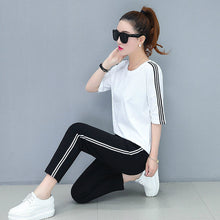 Load image into Gallery viewer, S-XXXL Plus Size Autumn 2 Piece Set Women Black Print Striped Sport Sweatshirt Pants Tracksuit Streetwear Casual Two Piece Set