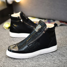 Load image into Gallery viewer, Autumn and winter men's shoes high-top shoes British hair stylist tide shoes bright patent leather casual men's cotton shoes