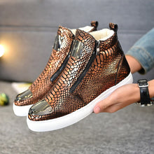 Load image into Gallery viewer, Autumn and winter men's shoes high-top shoes British hair stylist tide shoes bright patent leather casual men's cotton shoes