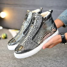 Load image into Gallery viewer, Autumn and winter men's shoes high-top shoes British hair stylist tide shoes bright patent leather casual men's cotton shoes