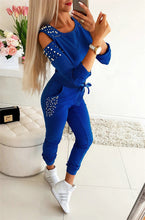 Load image into Gallery viewer, Women Casual 2 Piece Outfits Patchwork Hollow Out Design Beading Decor O-Neck Long Sleeve Solid Top+Drawstring Slim Pencil Pants