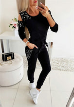 Load image into Gallery viewer, Women Casual 2 Piece Outfits Patchwork Hollow Out Design Beading Decor O-Neck Long Sleeve Solid Top+Drawstring Slim Pencil Pants