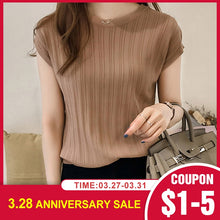 Load image into Gallery viewer, 2020 Summer Ice Silk Knit Tops Short Sleeve Solid Bright Office Lady Work Casual Shirts New Korean Japan Slim Knitwear Shirt
