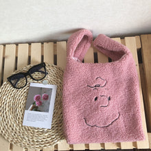 Load image into Gallery viewer, Plush Shoulder Bag Winter Cartoon Handbags Cute Face Embroidery  Hand Bag  Women Solid Color Ladies Bag Tote  28*30cm Small Bag