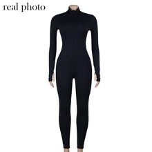 Load image into Gallery viewer, Simenual Workout Active Wear Ribbed Rompers Womens Jumpsuit Sporty Long Sleeve Fitness Embroidery Letter Print Zipper Jumpsuits