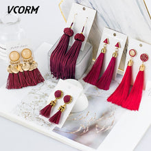 Load image into Gallery viewer, VCORM borla de Bohemia Cristal largo pendientes para las mujeres rojo tejido de seda, algodón pendientes 2019 de moda de la joyería de la mujer