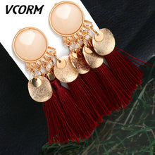 Load image into Gallery viewer, VCORM borla de Bohemia Cristal largo pendientes para las mujeres rojo tejido de seda, algodón pendientes 2019 de moda de la joyería de la mujer