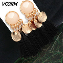 Load image into Gallery viewer, VCORM borla de Bohemia Cristal largo pendientes para las mujeres rojo tejido de seda, algodón pendientes 2019 de moda de la joyería de la mujer