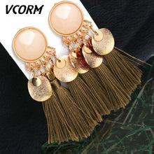 Load image into Gallery viewer, VCORM borla de Bohemia Cristal largo pendientes para las mujeres rojo tejido de seda, algodón pendientes 2019 de moda de la joyería de la mujer