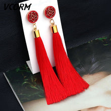 Load image into Gallery viewer, VCORM borla de Bohemia Cristal largo pendientes para las mujeres rojo tejido de seda, algodón pendientes 2019 de moda de la joyería de la mujer