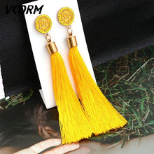 Load image into Gallery viewer, VCORM borla de Bohemia Cristal largo pendientes para las mujeres rojo tejido de seda, algodón pendientes 2019 de moda de la joyería de la mujer