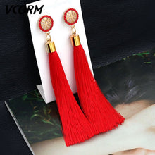 Load image into Gallery viewer, VCORM borla de Bohemia Cristal largo pendientes para las mujeres rojo tejido de seda, algodón pendientes 2019 de moda de la joyería de la mujer