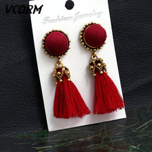 Load image into Gallery viewer, VCORM borla de Bohemia Cristal largo pendientes para las mujeres rojo tejido de seda, algodón pendientes 2019 de moda de la joyería de la mujer