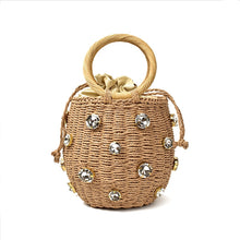 Load image into Gallery viewer, 2020 New Handmade Rhinestone Crystal Embellished Straw Bag Small Straw Bucket Bags Lady Travel Purses and Handbags